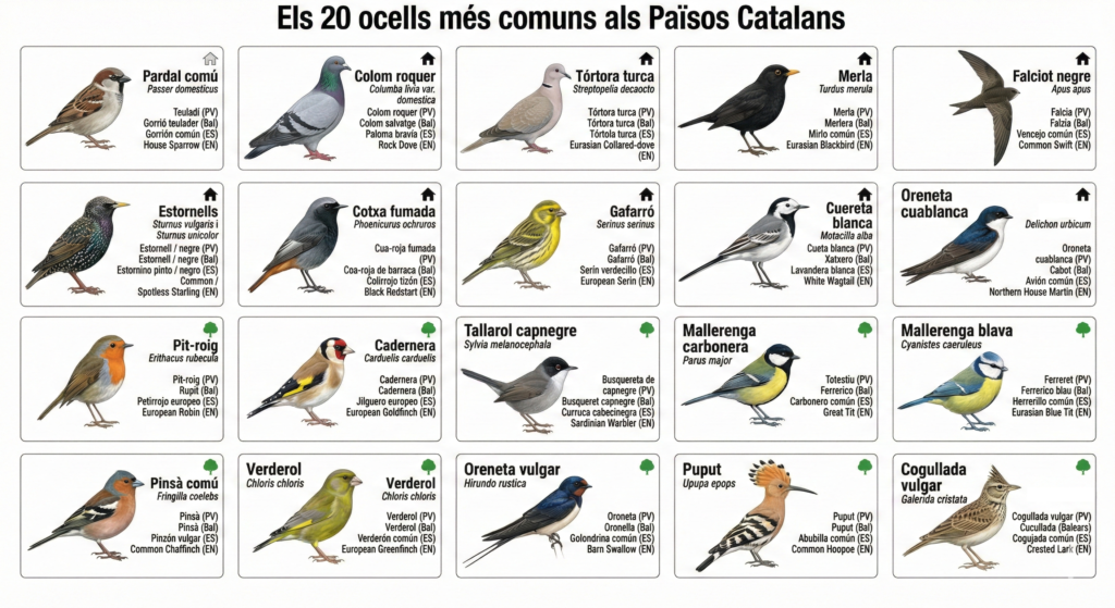Infografia dels 20 ocells més comuns als Països Catalans indicant el seu nom comú, científic i les variacions dialectals principals al País Valencià i Balears, junt amb la traducció al castellà i anglés.